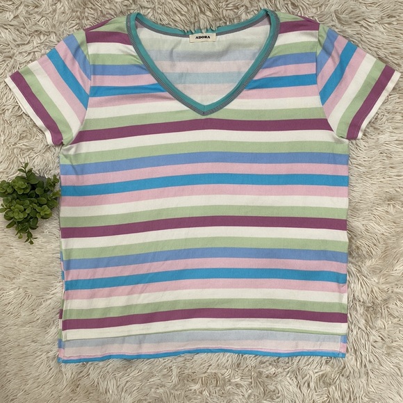 Adora Striped V-Neck Top 💗 Aqua Mint Purple Pink & Cream - Picture 3 of 13